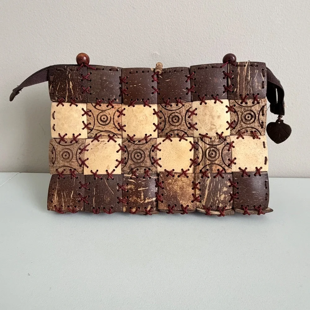 VR Collections Handmade Coconut Shell Bag Boho Checkered Beaded Handle Brown Tan